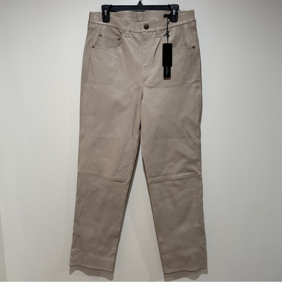 NWT Womens rag & bone Harlow Leather Mid-Rise Straight Pants 31 Stone Nude Fall - Picture 1 of 12